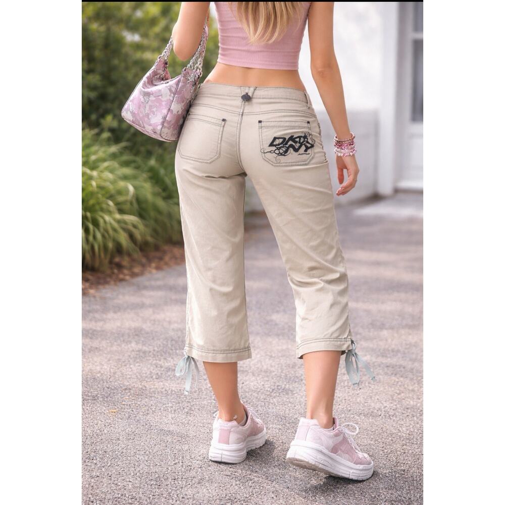 McBling Parachute 00s DKNY Cargo Capri Pants 9 Y2K Contrast Stitch Logo Tie Hem